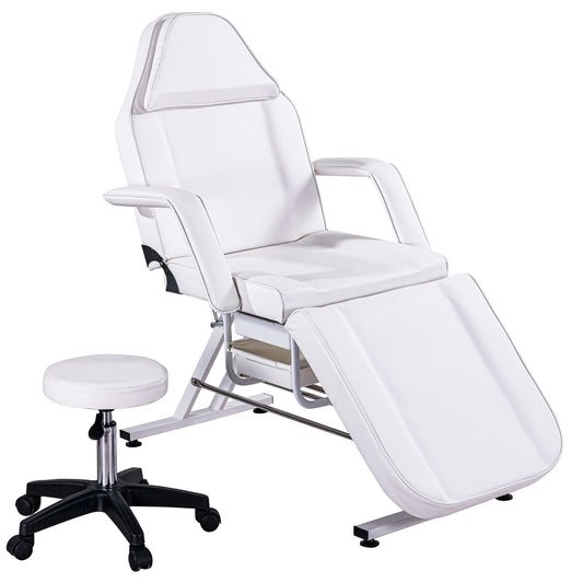 Massage Salon Tattoo Chair  with Two Trays Esthetician Bed with Hydraulic Stool,Multi-Purpose 3-Section Facial Bed Table, Adjustable Beauty Barber Spa Beauty Equipment, White
