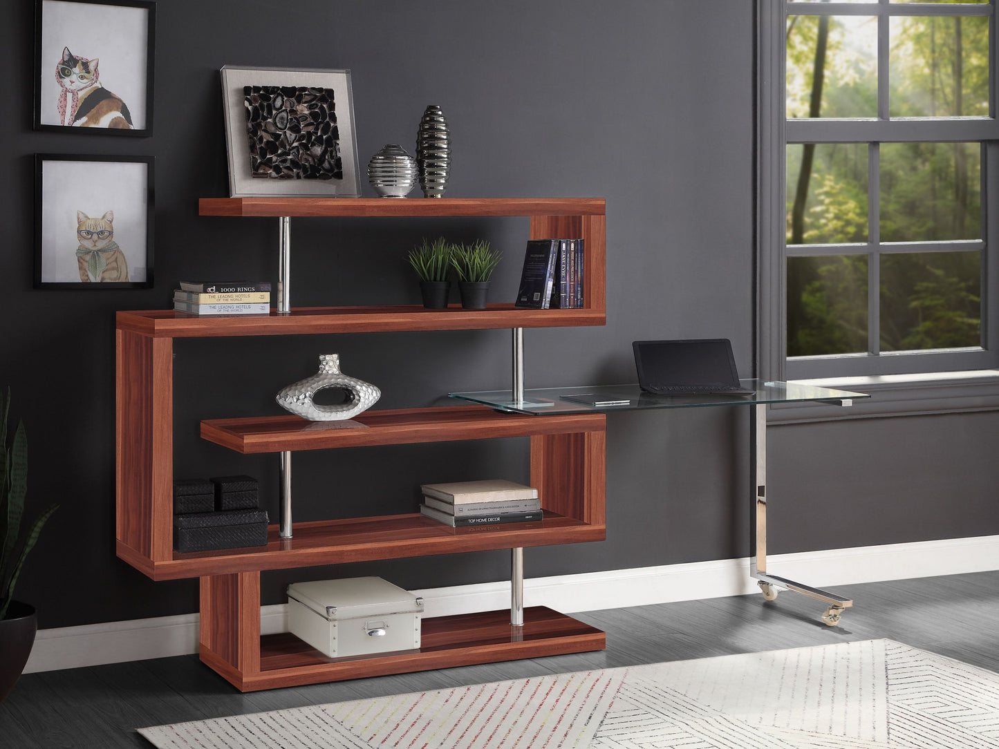 Modern Glass Top Writing Desk with Swivel Shelf and Walnut Finish