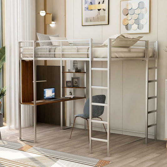 Full Size Metal Loft Bed with 2 Shelves and one Desk ,Silver