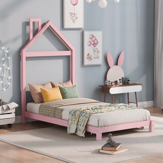 Twin Size Wood Platform Bed with House-shaped Headboard  (Pink)