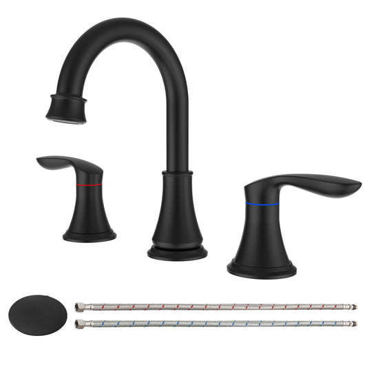 Widespread Matte Black Bathroom Faucet with 2 Handles and 360° Swivel Spout