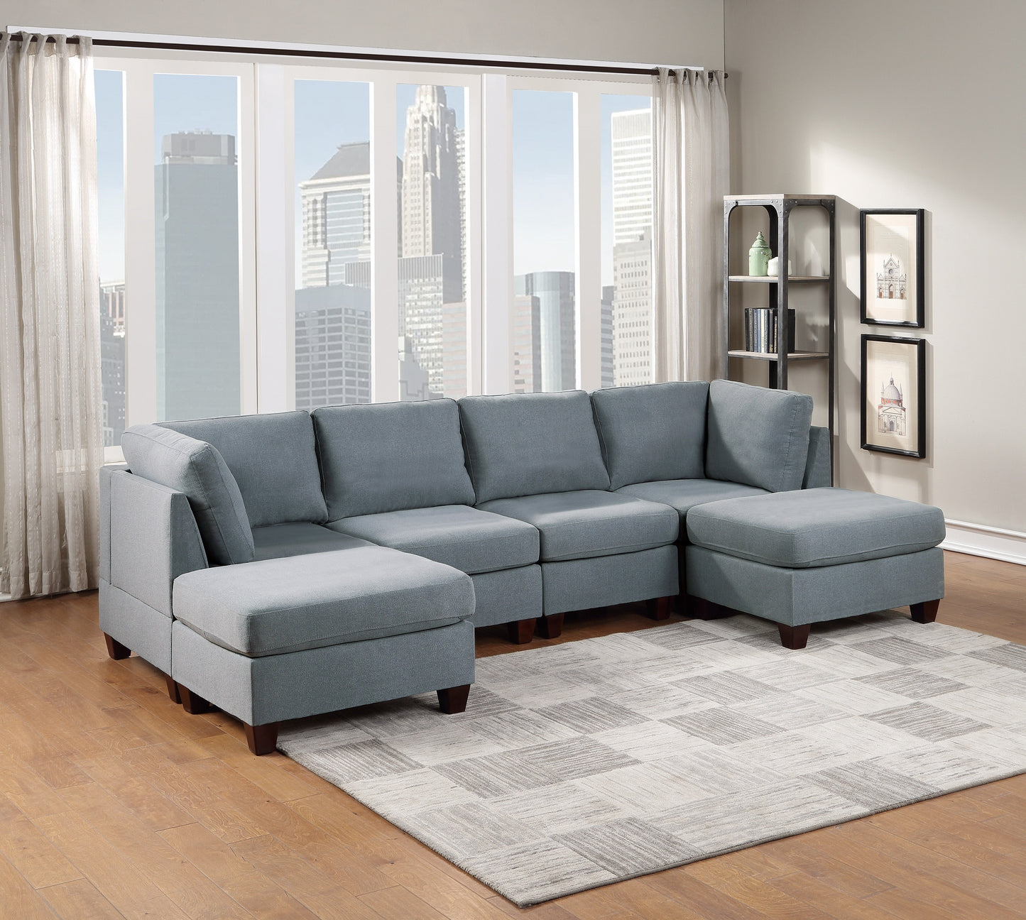 6-Piece Modular U-Shaped Sectional Living Room Set in Grey Linen Fabric with Multiple Configurations