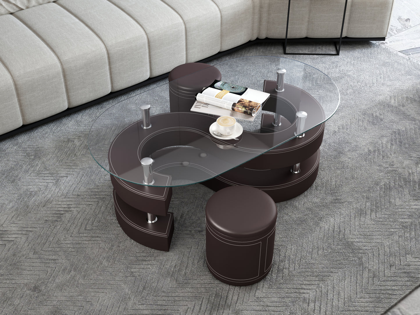 Oval Glass Coffee Table Set with Leather Stools