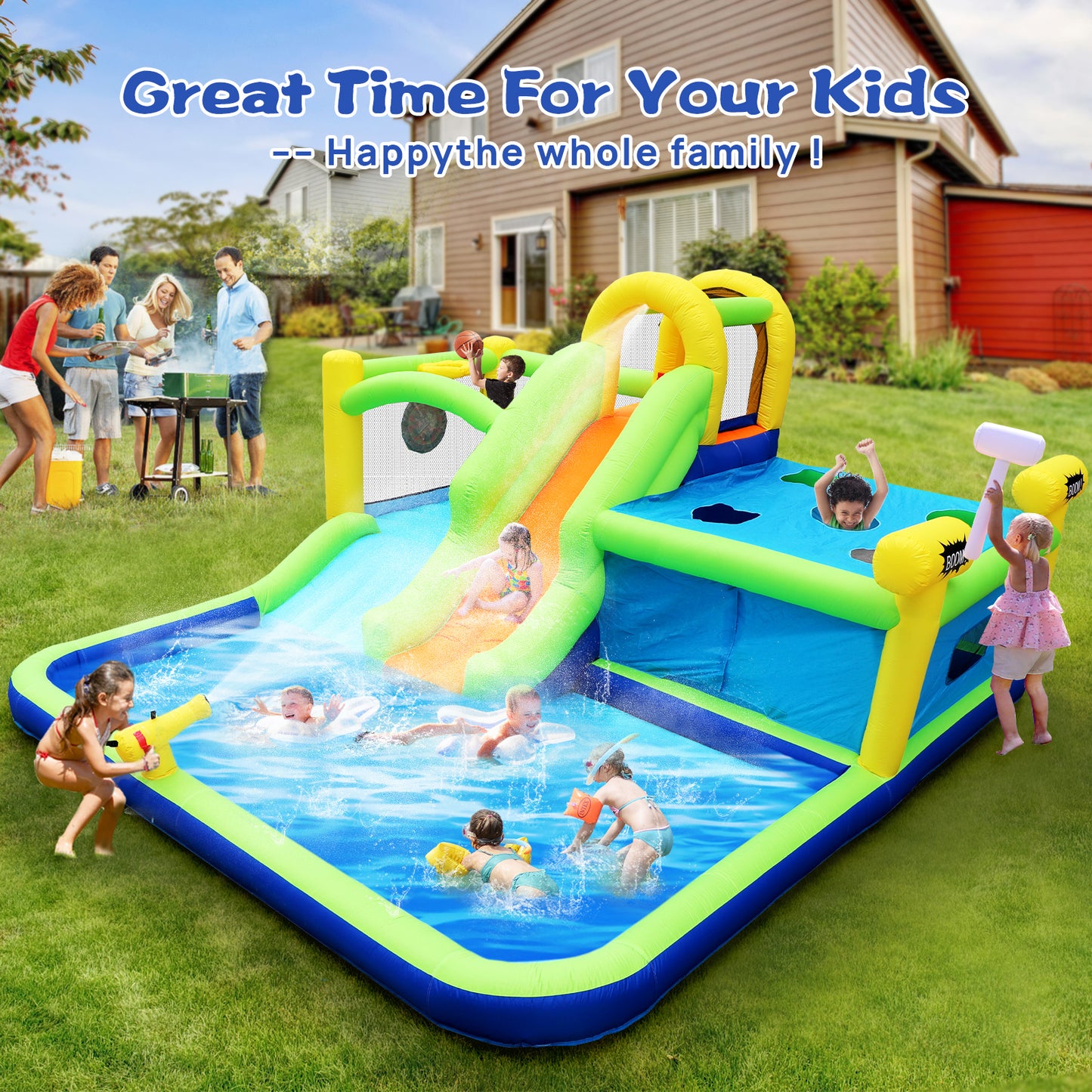 7-in-1 Inflatable Water Park Bouncer with Whack-a-Mole Games and Splash Pool