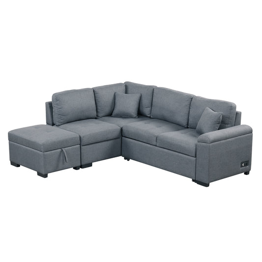 L-Shaped Sleeper Sectional Sofa with Ottoman and USB Charge, Dark Gray