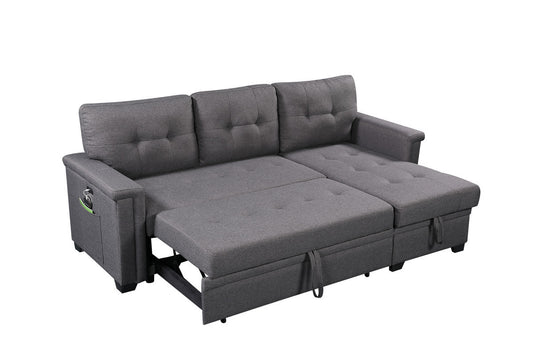 Nathan Charcoal Gray L-Shaped Sleeper Sectional Sofa with Storage Chaise, USB Charging Ports and Pocket