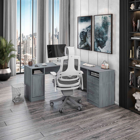 Functional Grey L-Shaped Desk with Storage