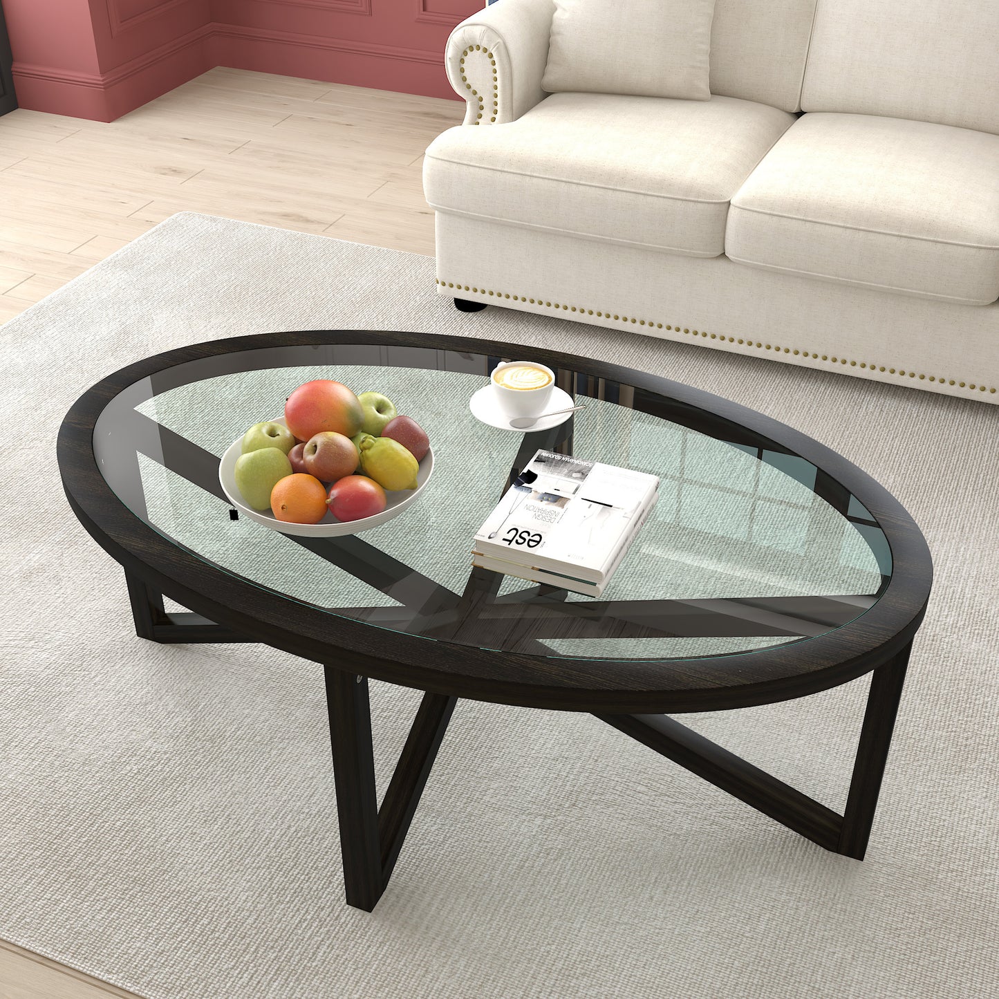 Contemporary Glass Coffee Table with Wooden Base - Round Transparent Top for Living Spaces