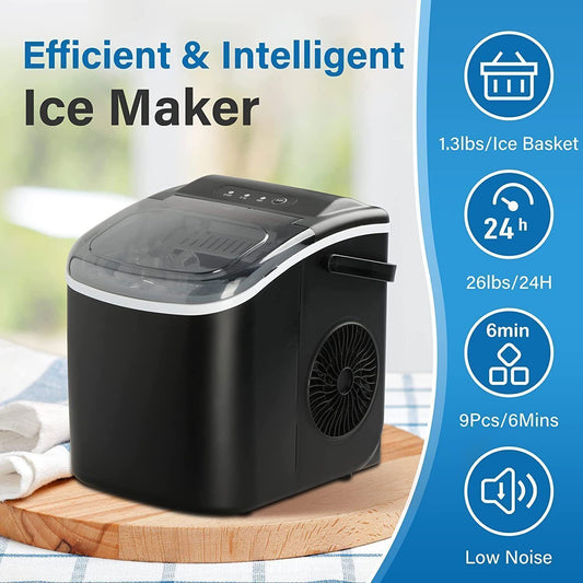 Portable Ice Maker Machine with Self-Cleaning Function, 26lbs Ice/24Hrs, 9 Ice Cubes Ready in 6 Mins, for Home Kitchen Office Bar Party, Black