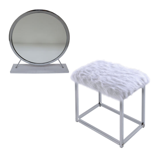 Adao Vanity Mirror & Stool, Faux Fur, Mirror, White & Chrome Finish AC00935