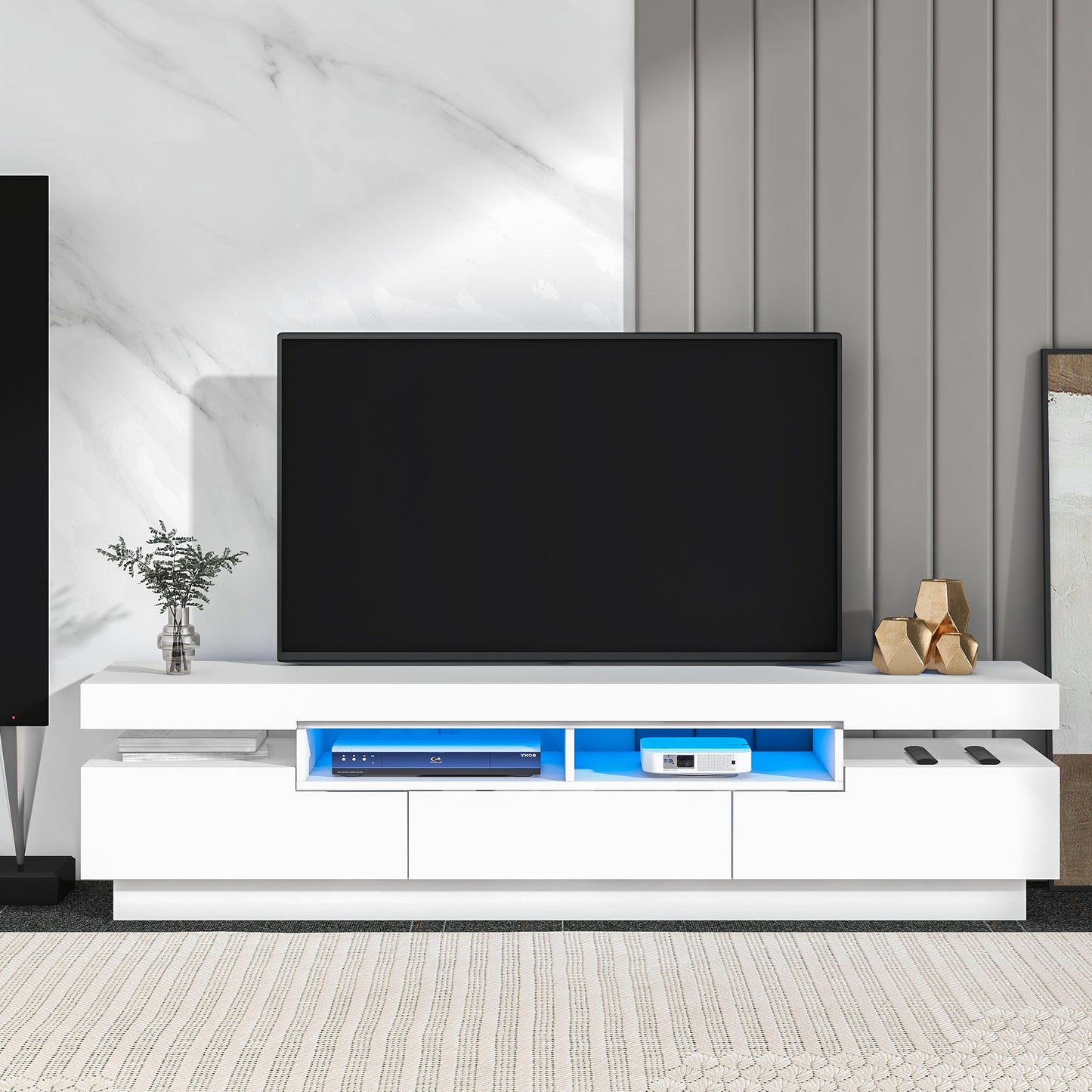 Sleek White TV Stand with Multi-Color LED Lights and Storage for 75 Inch TV