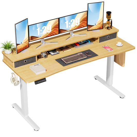Height Adjustable Electric Standing Desk with Storage Shelf and Double Drawer for Home Office