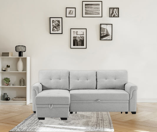 Gray Linen Reversible Sleeper Sectional Sofa with Storage Chaise and Tufted Cushions