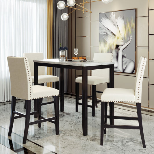 5 Piece Counter Height Faux Marble Modern Dining Set with Matching Chairs and Marble Veneer  for Home, Beige