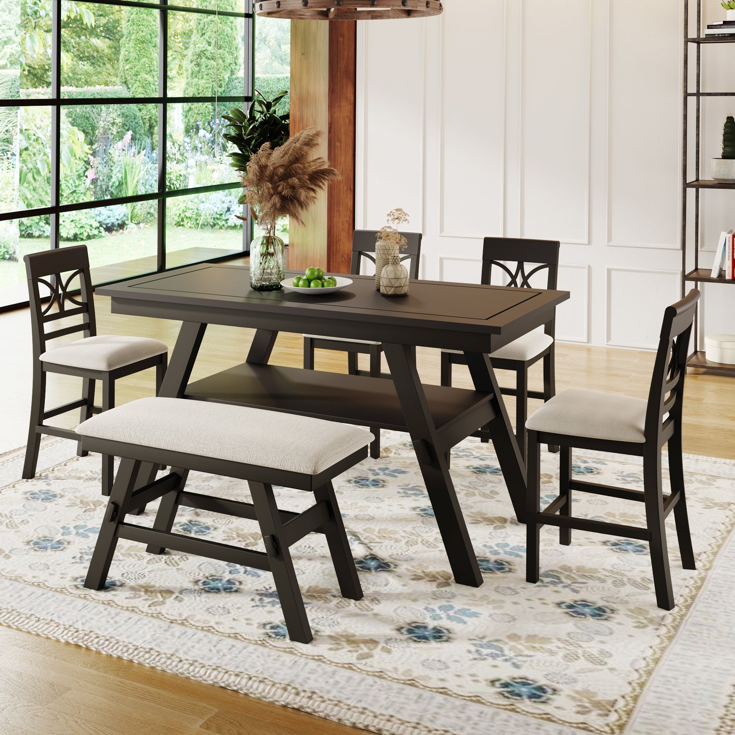 6-Piece Wood Counter Height Dining Table Set with Storage Shelf, Kitchen Table Set with Bench and 4 Chairs,Rustic Style,Espresso+Beige Cushion