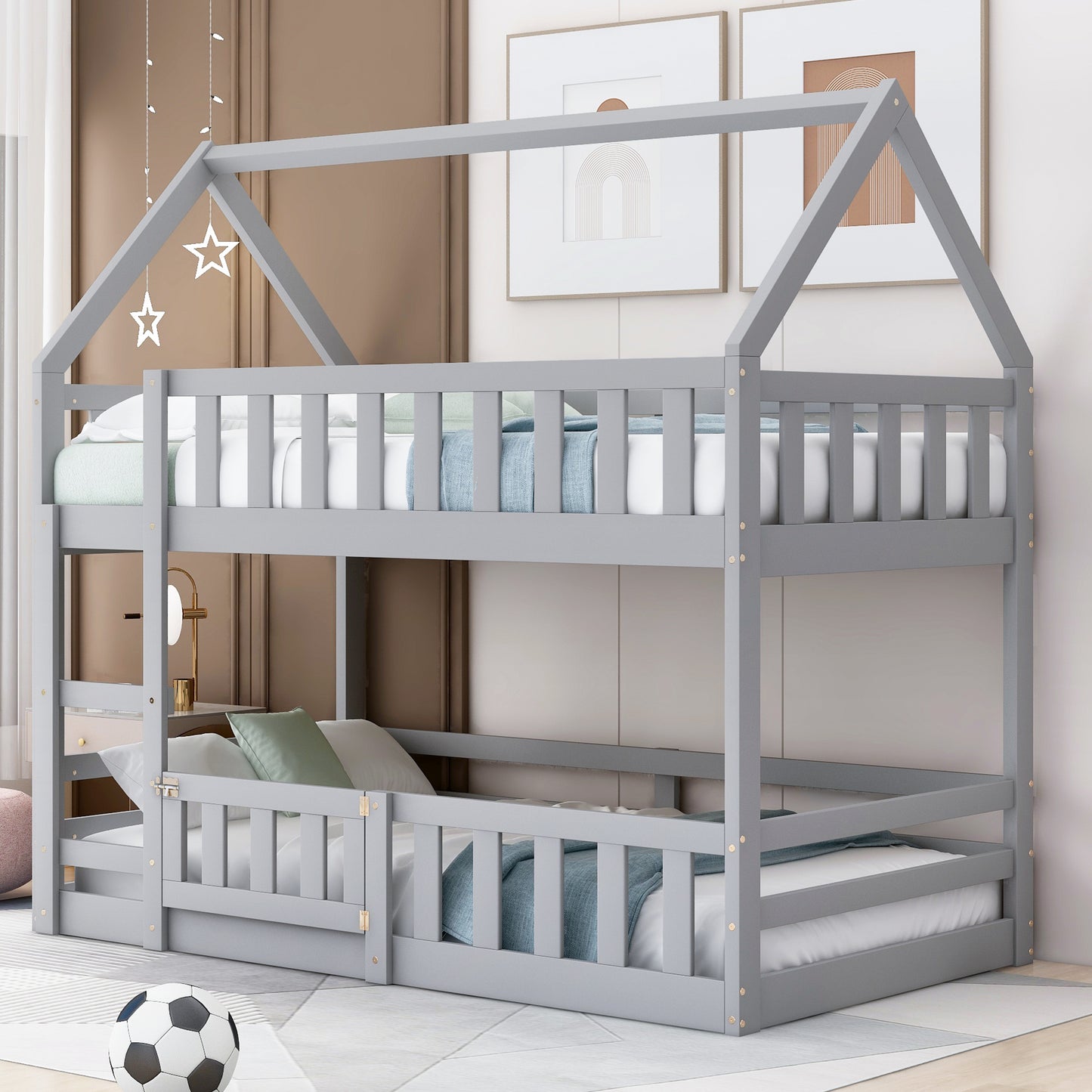 Twin House Bunk Bed with Gray Fence and Door