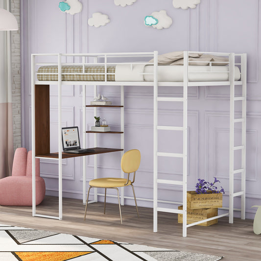 Twin Metal Loft Bed with 2 Shelves and one Desk ,WHITE(: MF281206AAK)