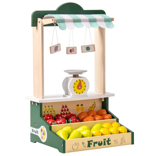 Wooden Toy Farmers Market Stand Fruit Stall - Pretend Play Grocery Store Set for Kids