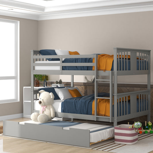 Space-Saving Gray Full over Full Bunk Bed with Twin Trundle and Ladder