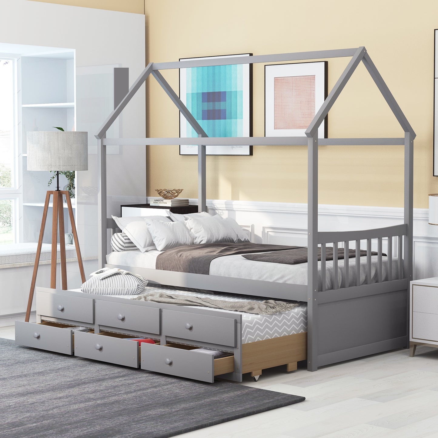 Twin size Wooden House Bed with Trundle and 3 Storage Drawers-Gray