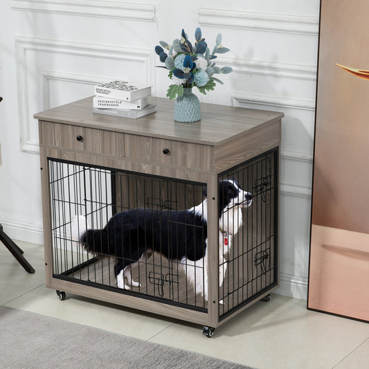 Dog Crate Furniture, Wooden Dog Crate End Table, 38.4 Inch Dog Kennel with 2 Drawers Storage, Heavy Duty Dog Crate, Decorative Pet Crate Dog Cage for Large Indoor Use (Grey) 38.4" L×23.2" W×35" H