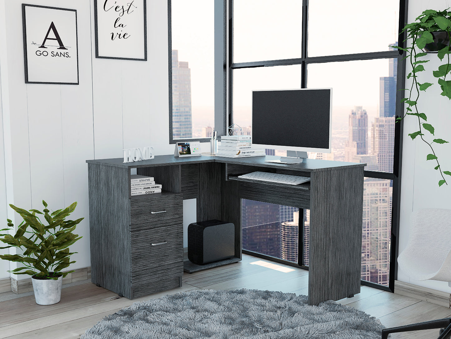 Modern L-Shaped Desk with Keyboard Tray and Drawers - Smokey Oak