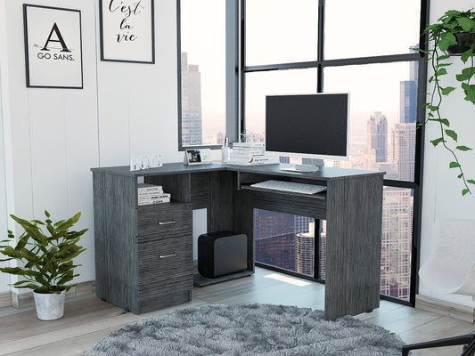 Modern L-Shaped Desk with Keyboard Tray and Drawers - Smokey Oak