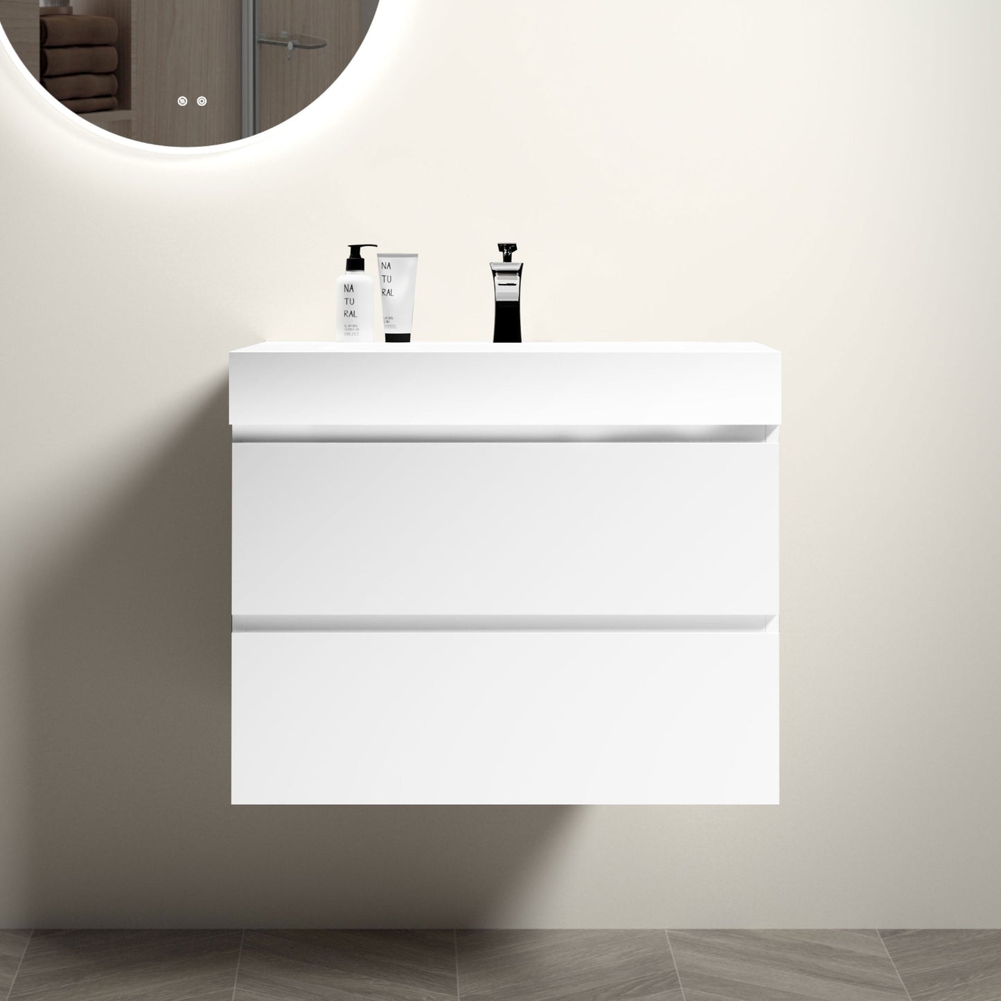 Alice 30" White Bathroom Vanity with Sink, Large Storage Wall Mounted Floating Bathroom Vanity for Modern Bathroom, One-Piece White Sink Basin without Drain and Faucet