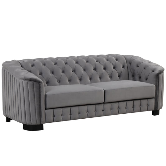 82 Mid Century Modern Gray Velvet Upholstered Sofa - 3 Seater