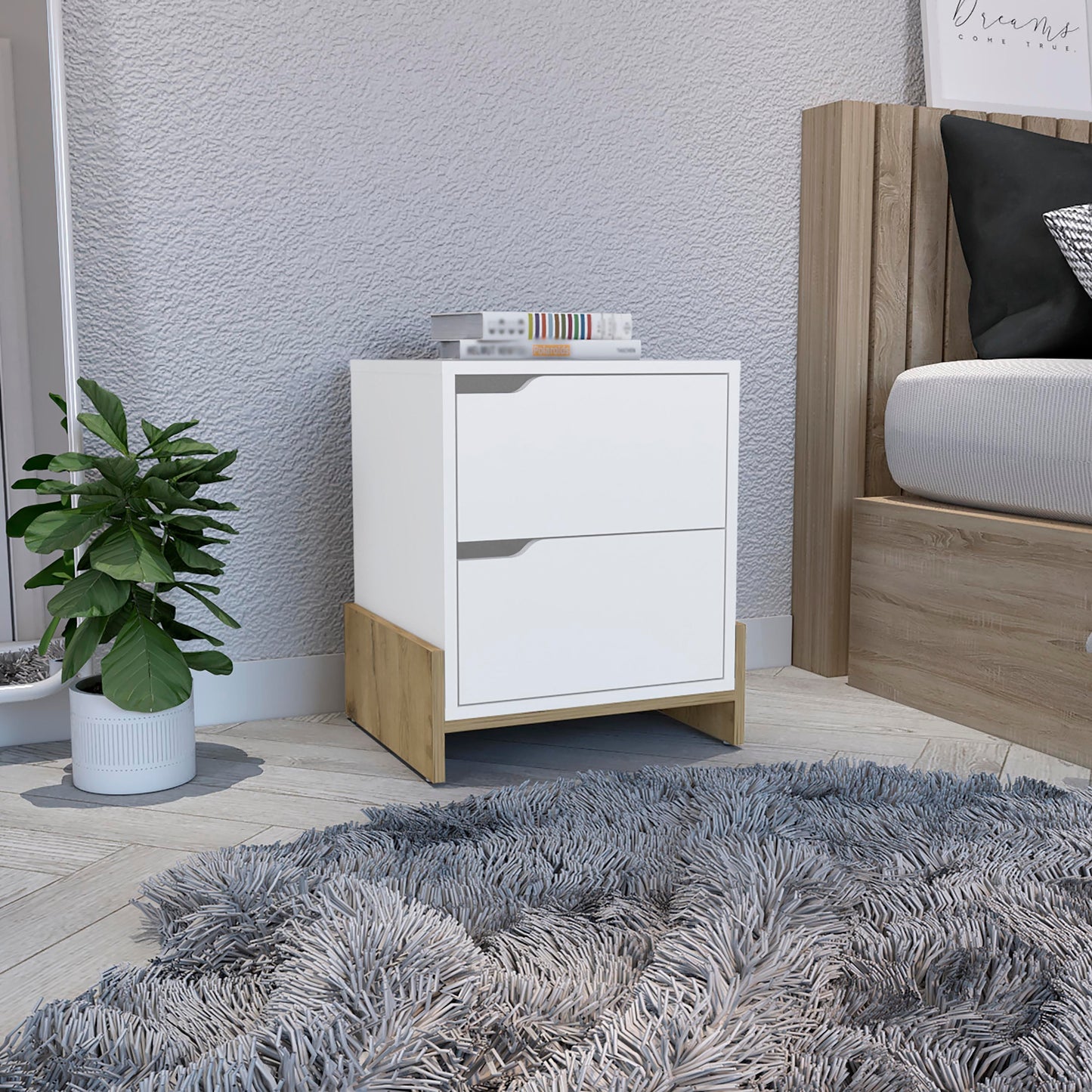 DEPOT E-SHOP Haines Nightstand with 2-Drawers, End Table with Sturdy Base, White / Macadamia