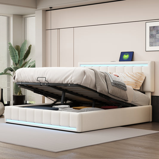 Queen Size Upholstered Platform Bed with Hydraulic Storage System, LED Light, and a set of USB Ports and Sockets, Linen Fabric, Beige