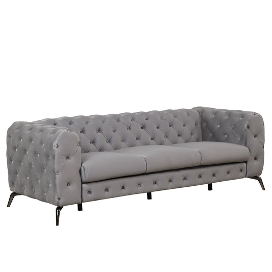 Sleek Gray Velvet Upholstered 3-Seater Sofa with Metal Legs