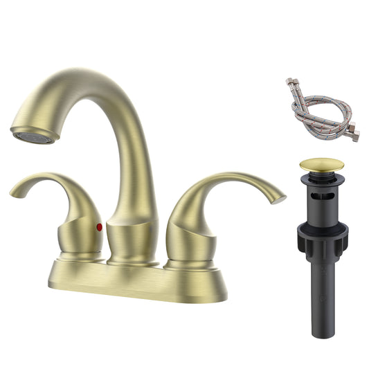 Bathroom Sink Faucet 2-Handle Brushed Gold with Aerator, Swan Style 4-inch Centerset Vanity Sink with Pop-Up Drain and Supply Hoses, FR4075-BG