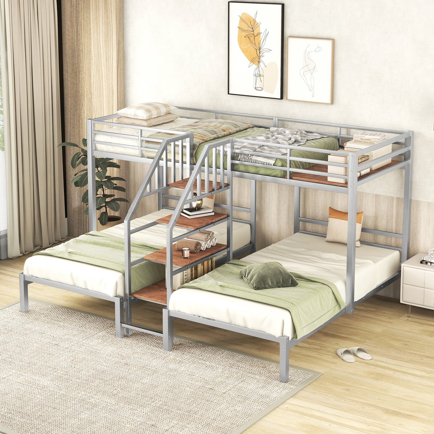 Three-Tiered Metal Bunk Bed with Storage and Staircase, Silver Twin over Twin