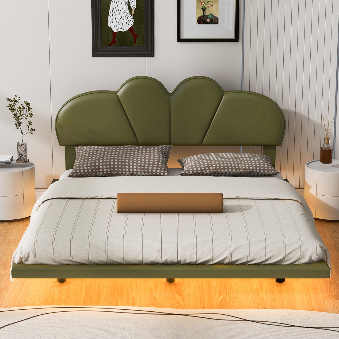 Full Size Upholstery LED Floating Bed with PU Leather Headboard and Support Legs,Green