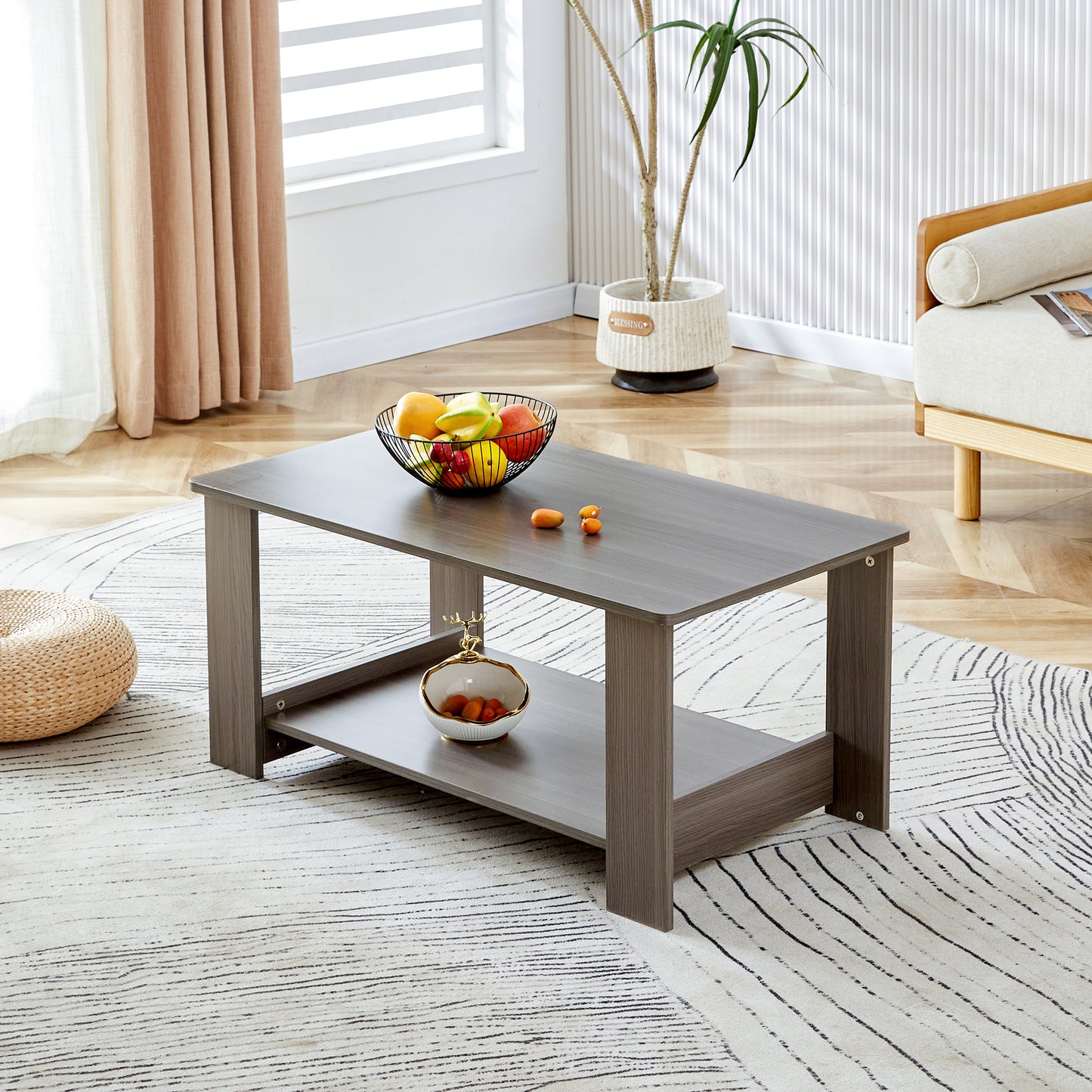 Elegant Gray Wood Grain Double Layered Rectangular Coffee Table, Perfect for Any Room