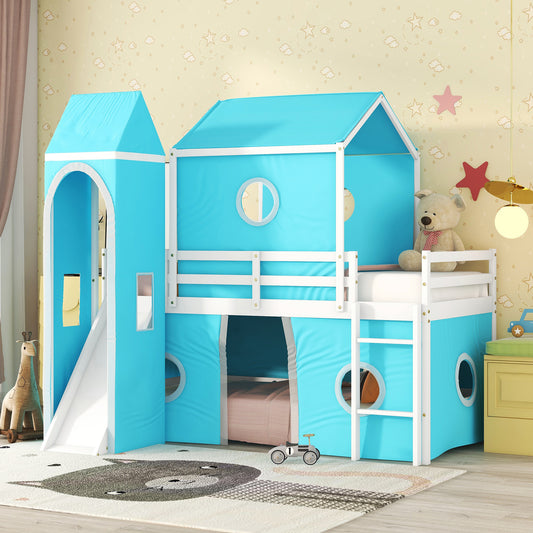 Blue Castle Loft Bed with Slide and Tower for Kids