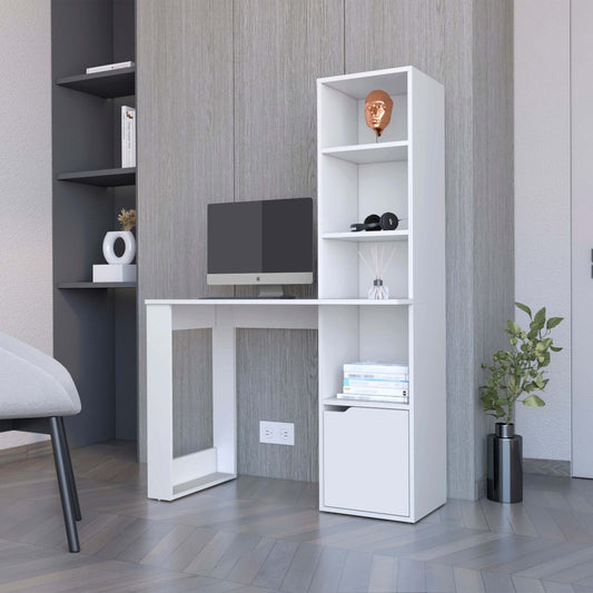 White Computer Desk with Built-In Bookcase and Cabinet for Organization