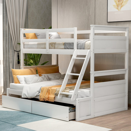 Twin Over Full Bunk Bed with Storage in White - Stylish Space-Saving Solution