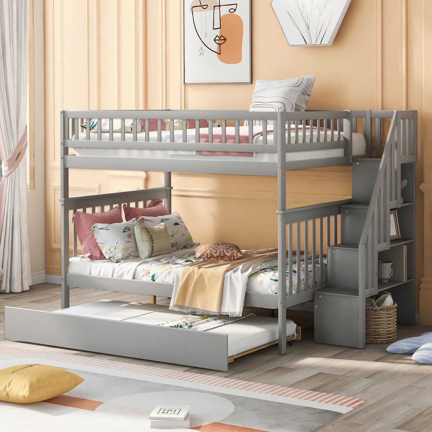 Gray Triple Sleeper Bunk Bed with Trundle and Staircase