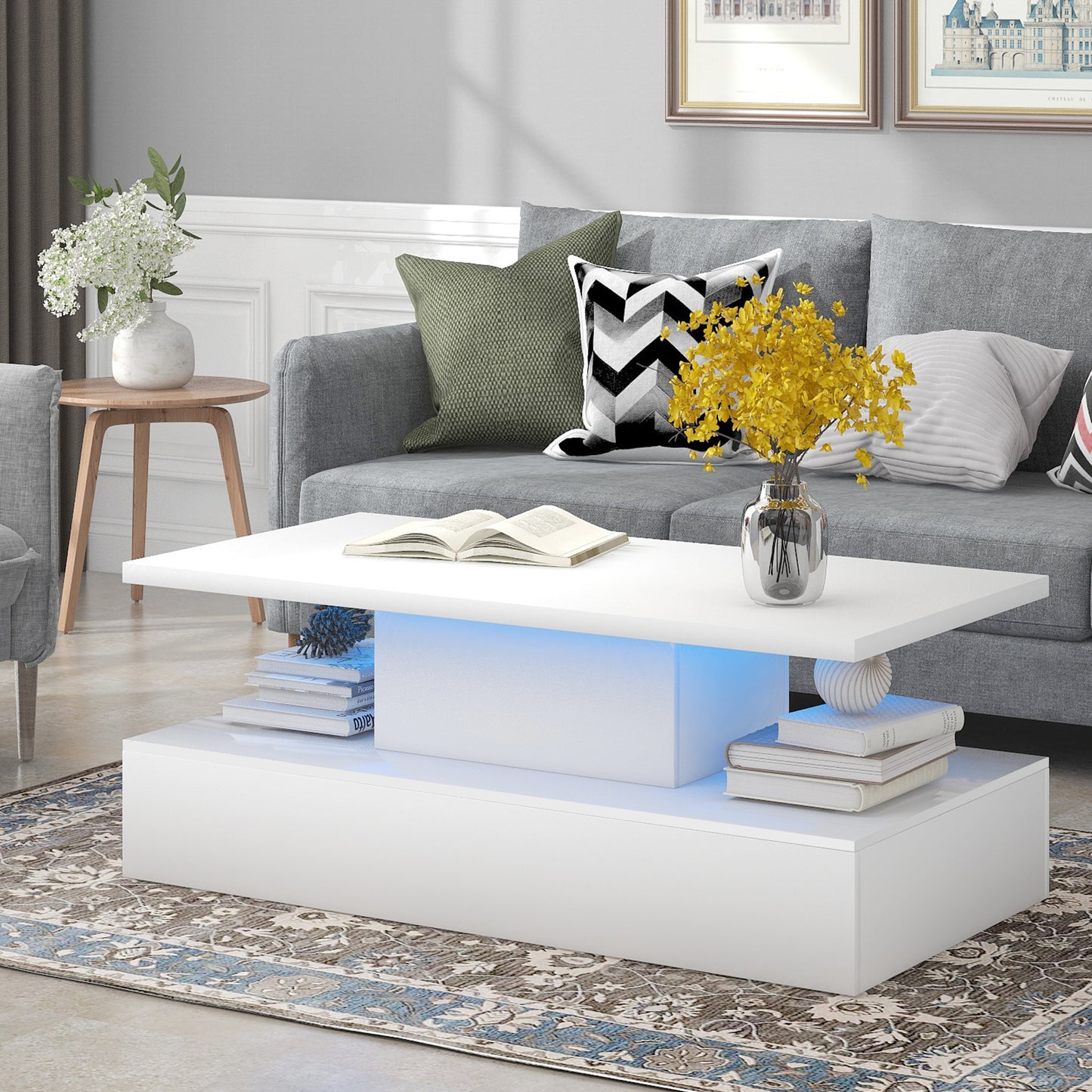 LED Light Coffee Table with 16 Color Options and Remote Control, Modern Industrial Design - White