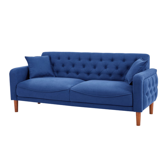 Blue Linen Three-Seat Sofa with Tufted Upholstery