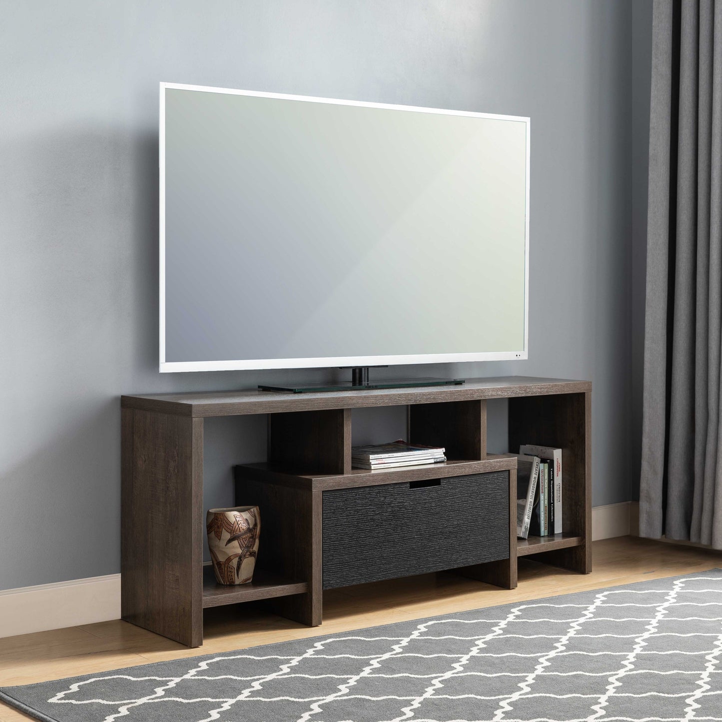 Walnut Oak and Black TV Stand: Modern Entertainment Center with Drawer and Shelves