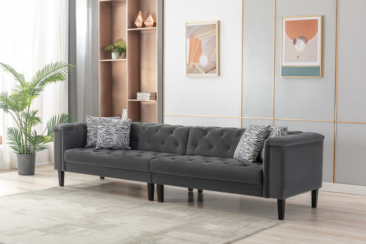 Mary Dark Gray Velvet Tufted Sofa With Accent 4 Pillows