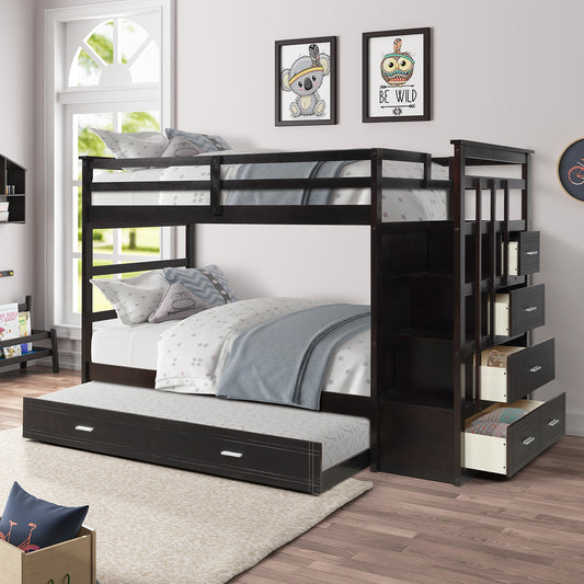 Stylish Espresso Wooden Twin Bunk Bed with Trundle and Staircase