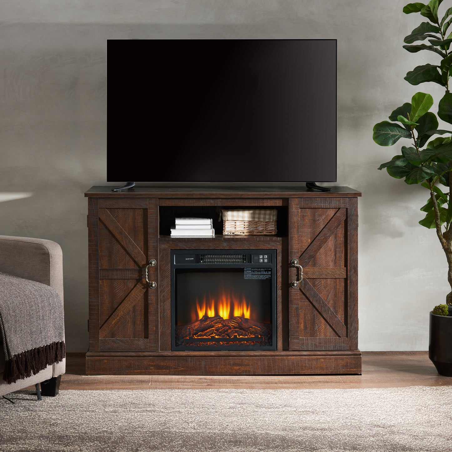 Classic Farmhouse TV Stand with Electric Fireplace Insert and Storage Space for TV up to 50