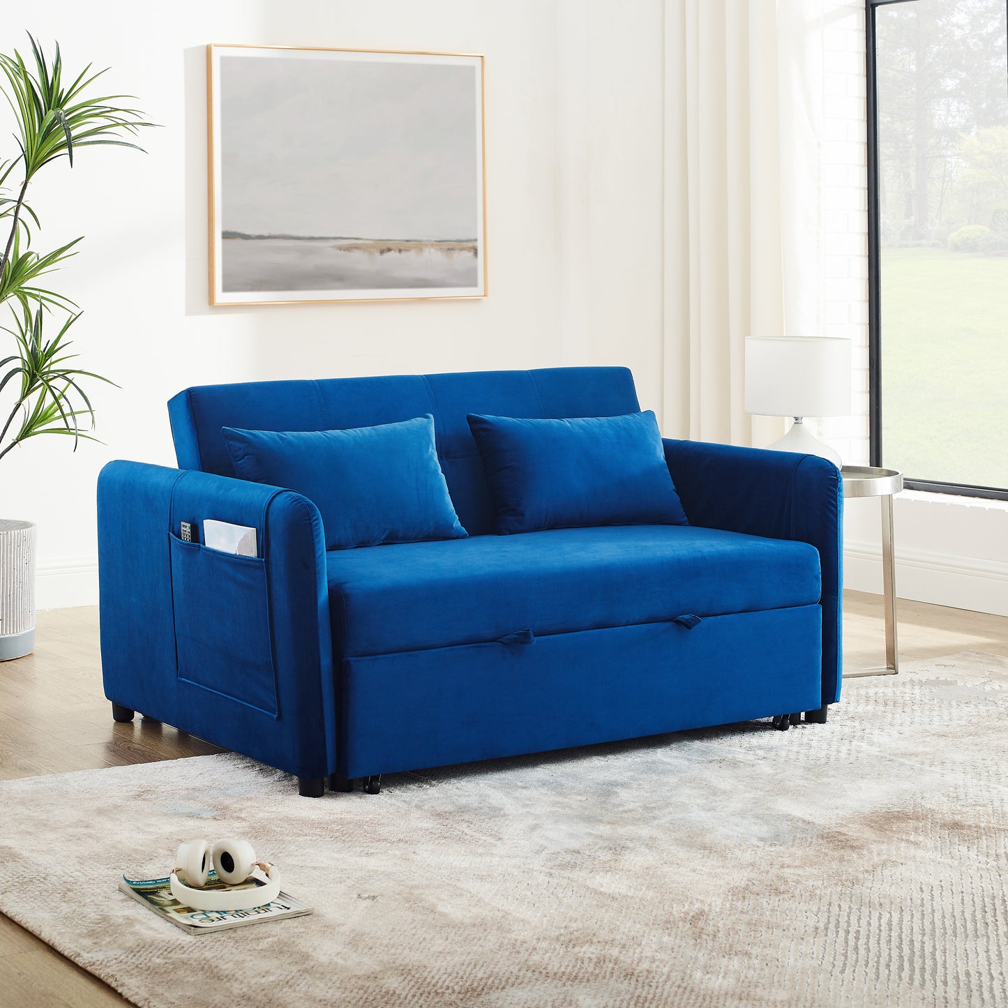 Convertible Sofa Bed, 3-in-1 Versatile Velvet Double Sofa with Pullout Bed, Seat with Adjustable Backrest, Lumbar Pillows, and Living Room Side Pockets, 54 Inch, Blue