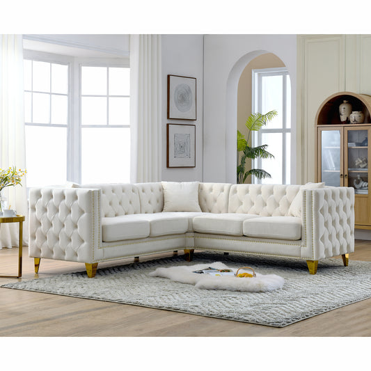 82.2-Inch Beige Velvet L-Shaped Sectional Sofa with Nailhead Trim and Metal Legs, 5-Seater Couch with Classic Chesterfield Design