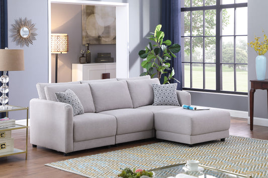 Penelope Light Gray Linen Fabric Sofa with Ottoman and Pillows