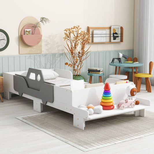 Car-Shaped Twin Bed with Bench,White